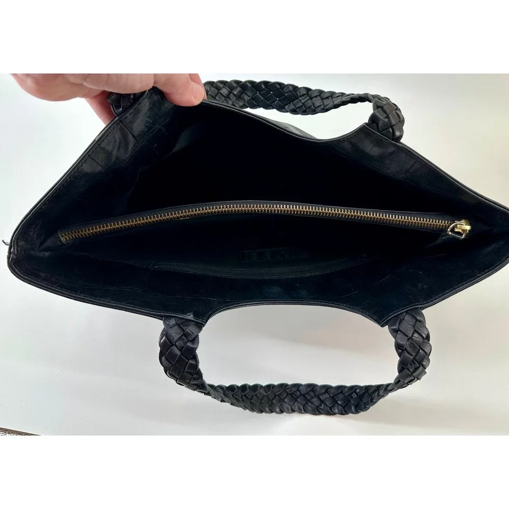 Falor Le Borse Black Croc Embossed Leather Tote Braided Handle Shoulder Bag